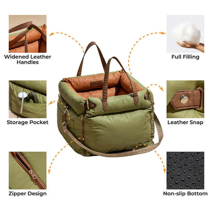 Green and Orange Premium Plush Pet Booster Car Seat - Portable Dog Travel Bed with Non-Slip Base