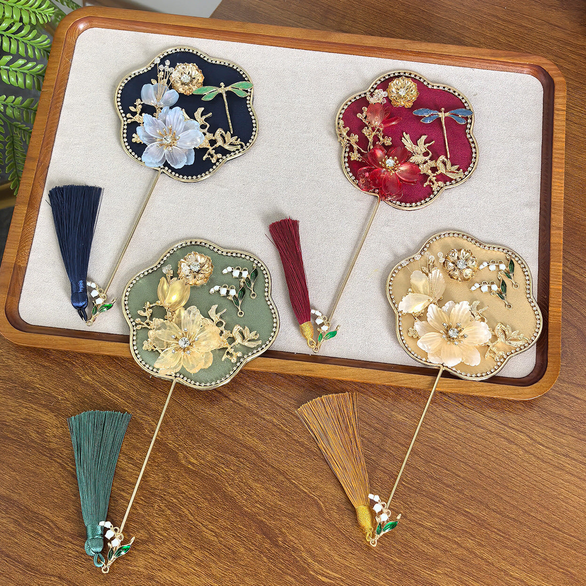 Red Exquisite Chinese Palace Style Mini Fan - Handheld Decorative Prop with Tassel for Photoshoots
