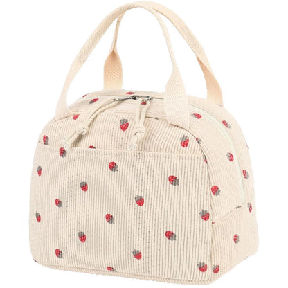 Green Strawberry Pattern Corduroy Lunch Bag - Insulated Thermal Cooler Tote for School Work and Picnics