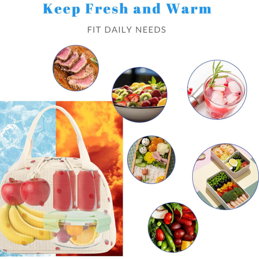 Green Strawberry Pattern Corduroy Lunch Bag - Insulated Thermal Cooler Tote for School Work and Picnics