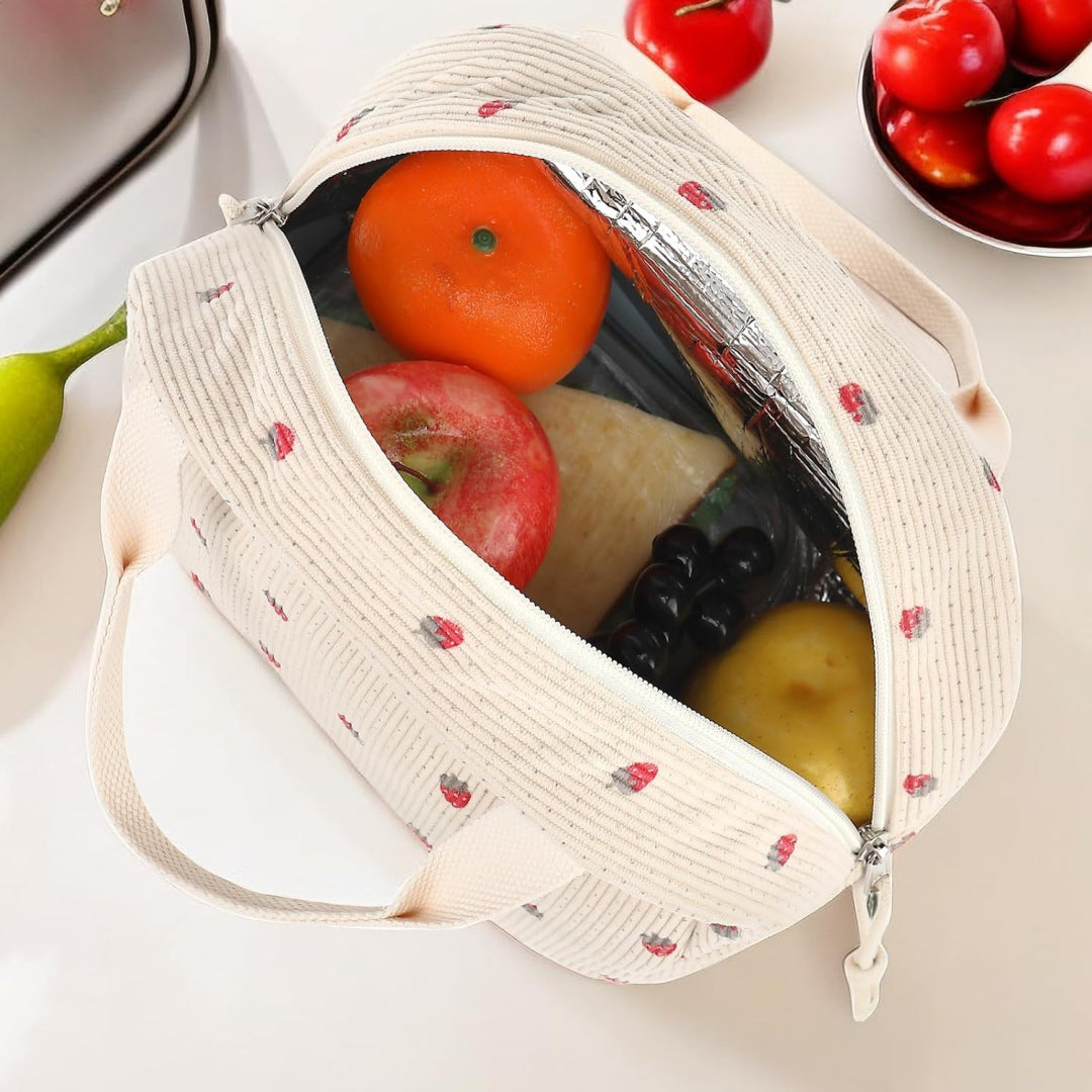 Pink Strawberry Pattern Corduroy Lunch Bag - Insulated Thermal Cooler Tote for School Work and Picnics