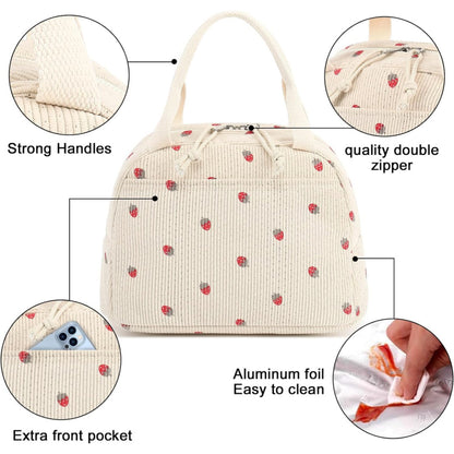 Beige Checkered Pattern Corduroy Lunch Bag - Insulated Thermal Cooler Tote for School Work and Picnics