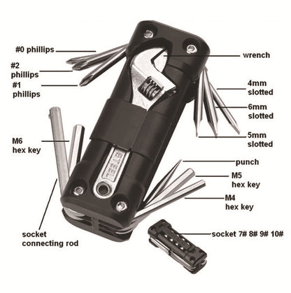 Black Versatile 16-in-1 Bike & Motorcycle Multi-Tool - Portable Repair Kit with Adjustable Wrench