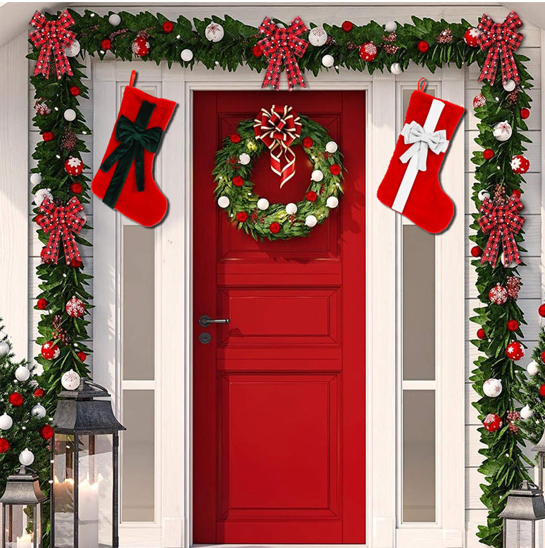 2 Pcs Red Stitching Green Bow Luxurious Velvet Christmas Stocking with Elegant Bow - Large 45cm Holiday Mantel Decoration