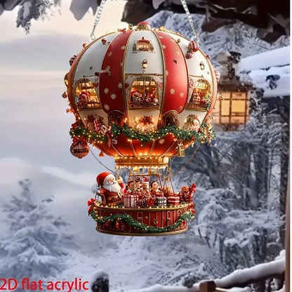 Red Whimsical Santa's Hot Air Balloon Ornament - 2D Flat Acrylic Hanging Decoration for Wall & Tree