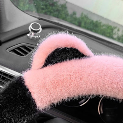 Pink Stitching Black Plush Cat Ear Steering Wheel Cover - Cute & Fuzzy Winter Grip, Universal 38cm Fit