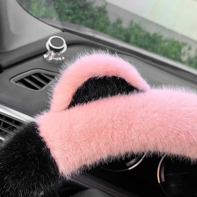 Pink Stitching White Plush Cat Ear Steering Wheel Cover - Cute & Fuzzy Winter Grip, Universal 38cm Fit