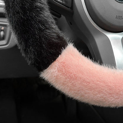 Blue Stitching White Plush Cat Ear Steering Wheel Cover - Cute & Fuzzy Winter Grip, Universal 38cm Fit