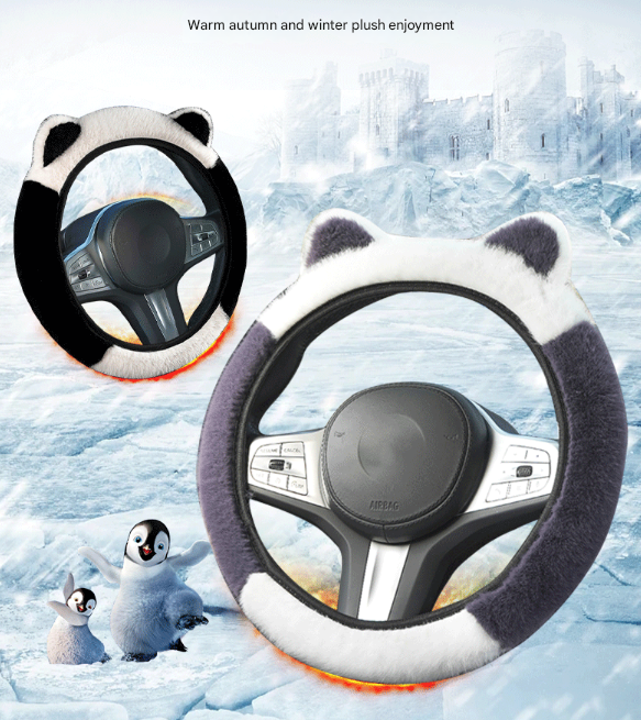 Pink Plush Cat Ear Steering Wheel Cover - Cute & Fuzzy Winter Grip, Universal 38cm Fit