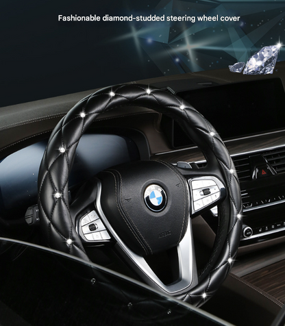 Black Luxury Bling Steering Wheel Cover - Black Quilted Leather with Crystal Rhinestones, Universal 38cm Fit