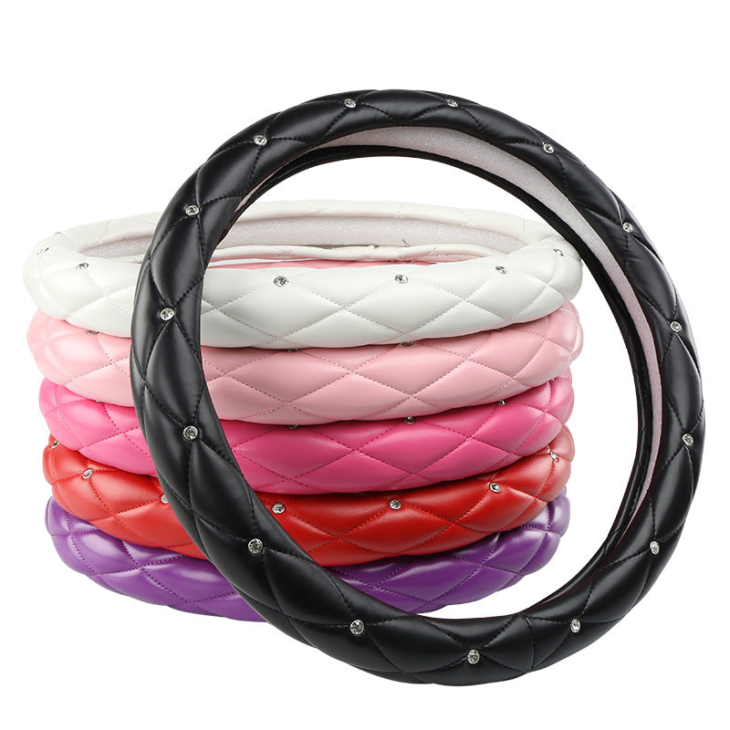 Pink Luxury Bling Steering Wheel Cover - Black Quilted Leather with Crystal Rhinestones, Universal 38cm Fit