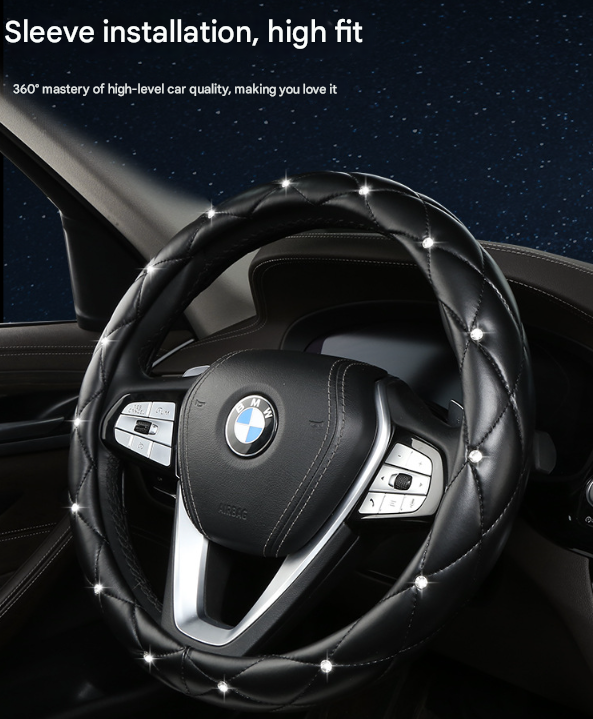 Black and Red Luxury Bling Steering Wheel Cover - Black Quilted Leather with Crystal Rhinestones, Universal 38cm Fit