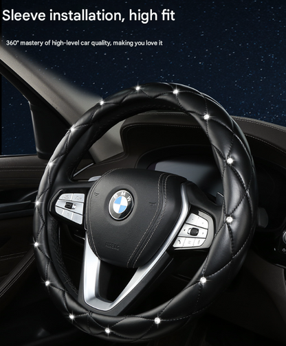 Black and Red Luxury Bling Steering Wheel Cover - Black Quilted Leather with Crystal Rhinestones, Universal 38cm Fit