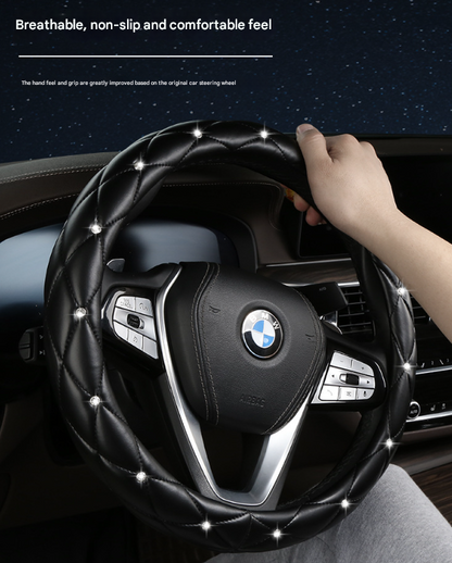 Black and Red Luxury Bling Steering Wheel Cover - Black Quilted Leather with Crystal Rhinestones, Universal 38cm Fit