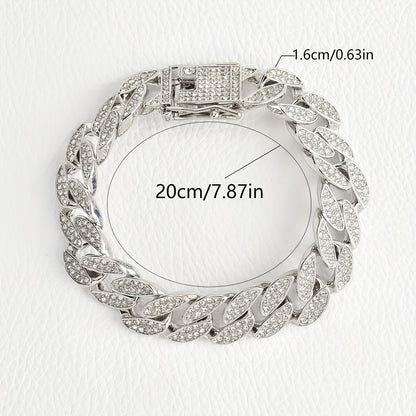 Silver 16mm Iced Out Cuban Link Bracelet - Heavy Paved Rhinestone Hip Hop Chain for Men