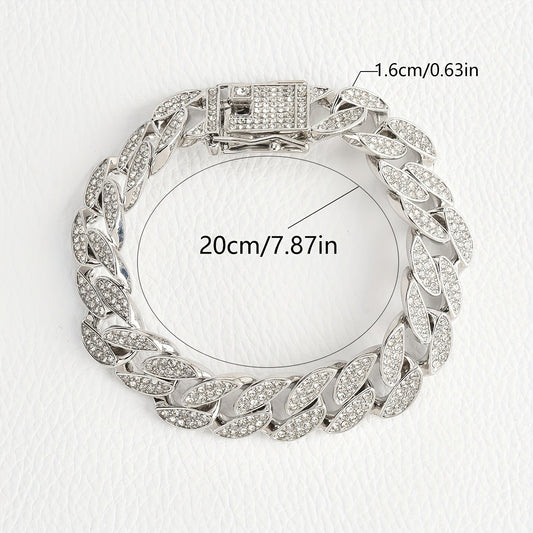 Silver 16mm Iced Out Cuban Link Bracelet - Heavy Paved Rhinestone Hip Hop Chain for Men
