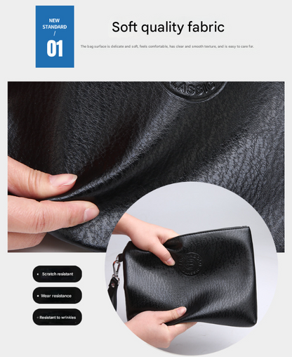 Black Classic Men's PU Leather Clutch Bag - Slim Business Wristlet & Travel Pouch