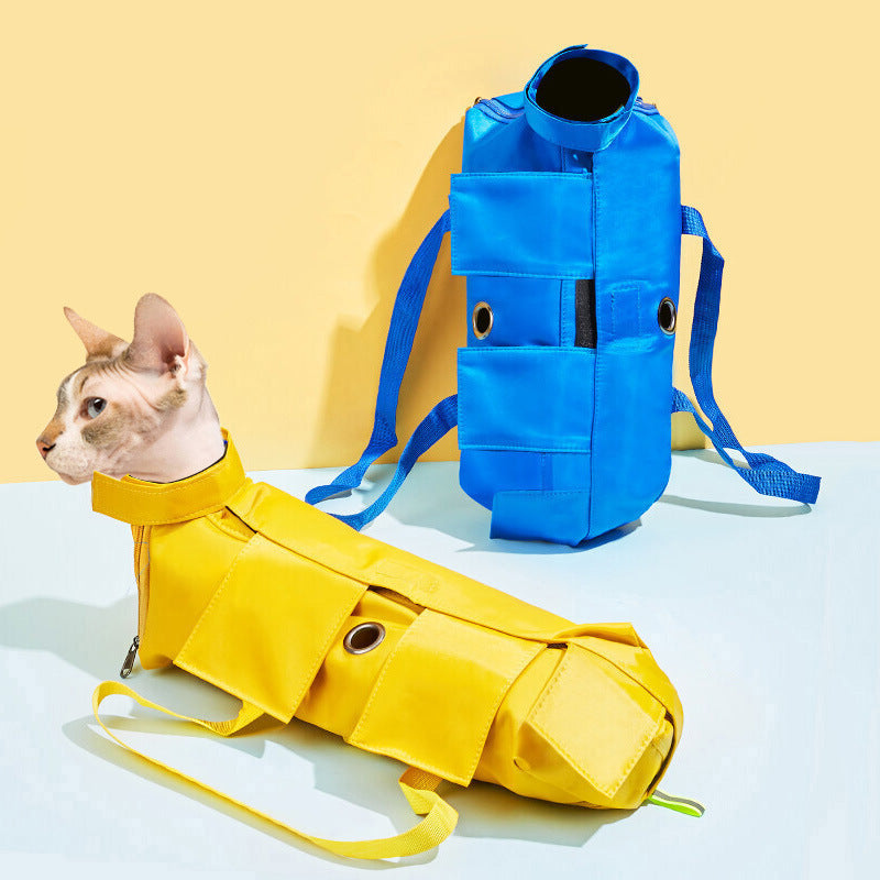Size L Blue Multi-Functional Cat Grooming Bag - Anti-Scratch Restraint Pouch for Nail Trimming and Vet Visits