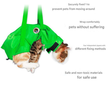 Size M Green Multi-Functional Cat Grooming Bag - Anti-Scratch Restraint Pouch for Nail Trimming and Vet Visits