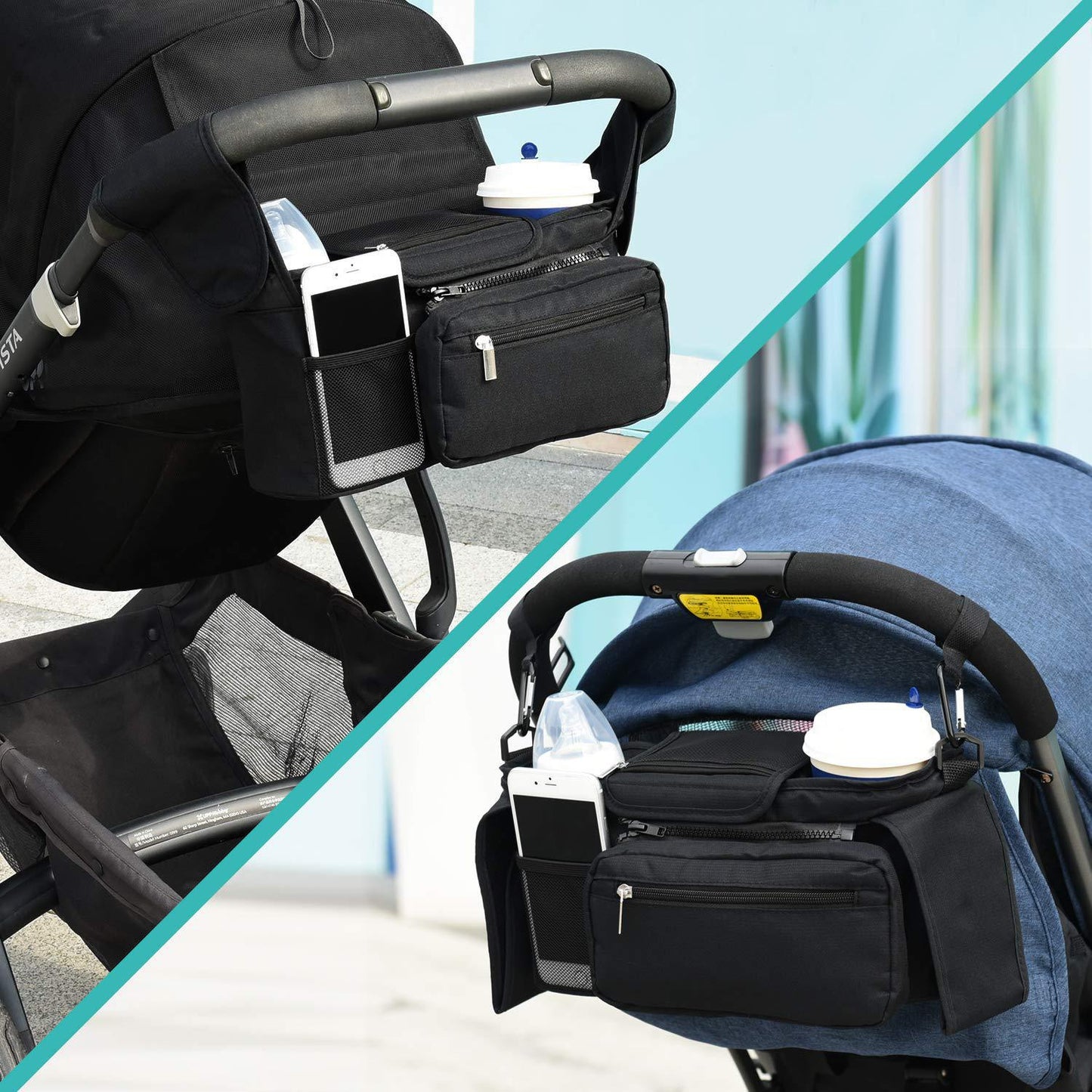 Black and Gray Stitching Universal Stroller Organiser Caddy with Insulated Cup Holders and Detachable Wristlet