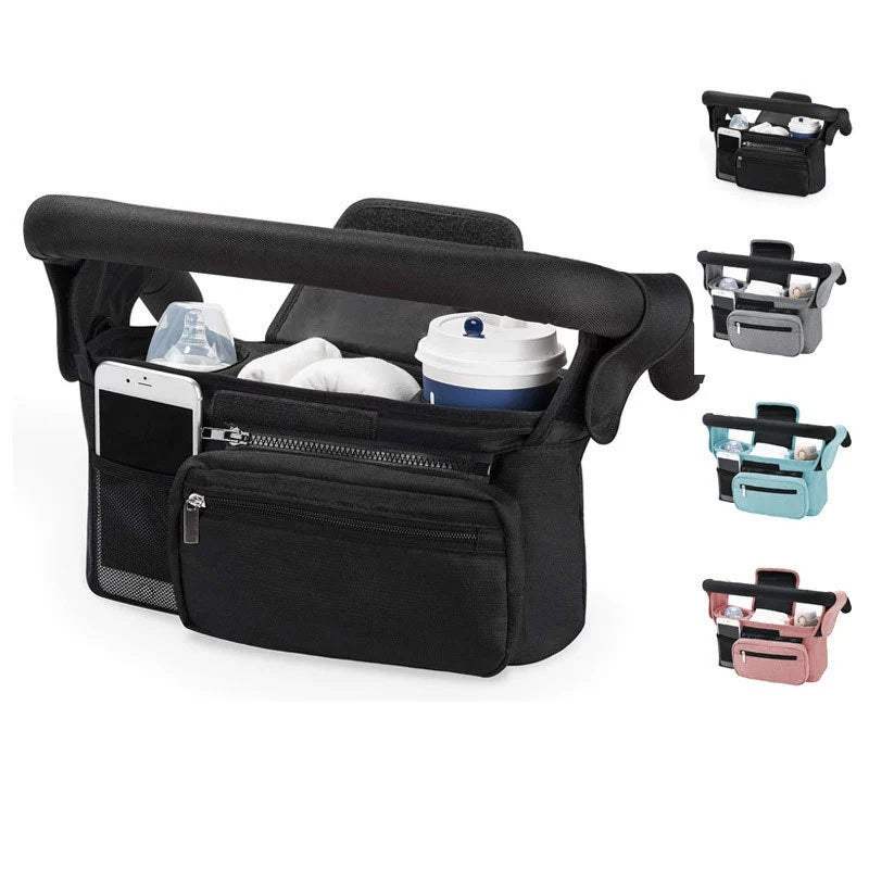 Grey and Black Stitching Universal Stroller Organiser Caddy with Insulated Cup Holders and Detachable Wristlet