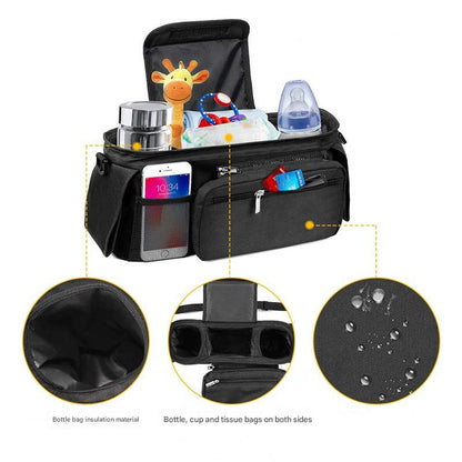 Grey and Black Stitching Universal Stroller Organiser Caddy with Insulated Cup Holders and Detachable Wristlet