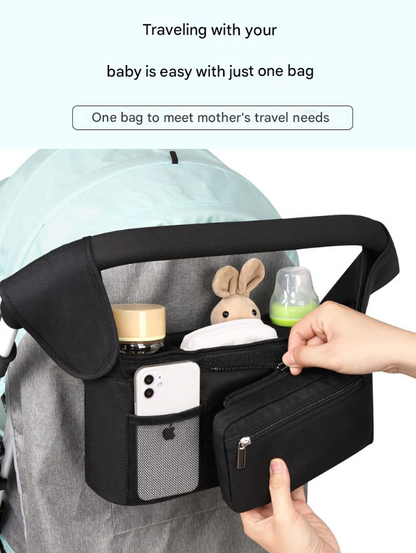 Grey and Black Stitching Universal Stroller Organiser Caddy with Insulated Cup Holders and Detachable Wristlet