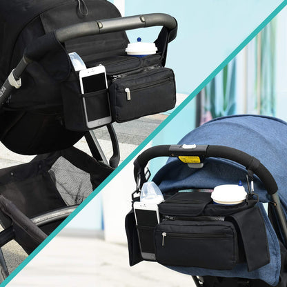 Grey and Black Stitching Universal Stroller Organiser Caddy with Insulated Cup Holders and Detachable Wristlet
