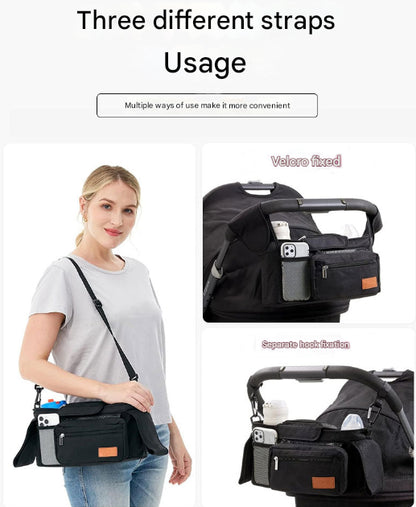 Black and Pink Stitching Universal Stroller Organiser Caddy with Insulated Cup Holders and Detachable Wristlet
