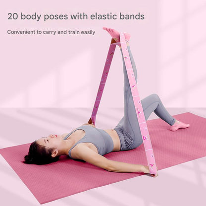 Dark Blue Instructional Yoga Stretch Strap with Embroidered Pose Guide - 11-Loop Flexibility Band