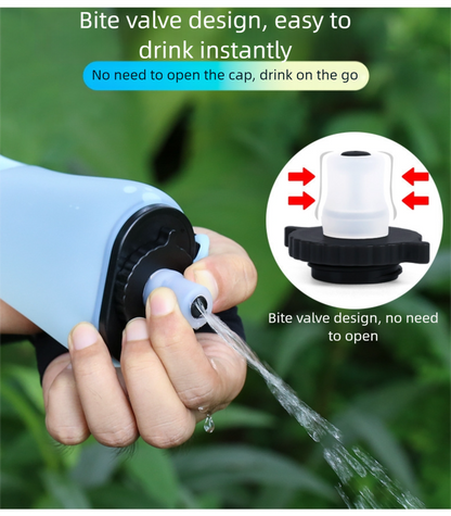 Blue Collapsible Handheld Running Flask - 350ml Lightweight Silicone Water Bottle with Bite Valve