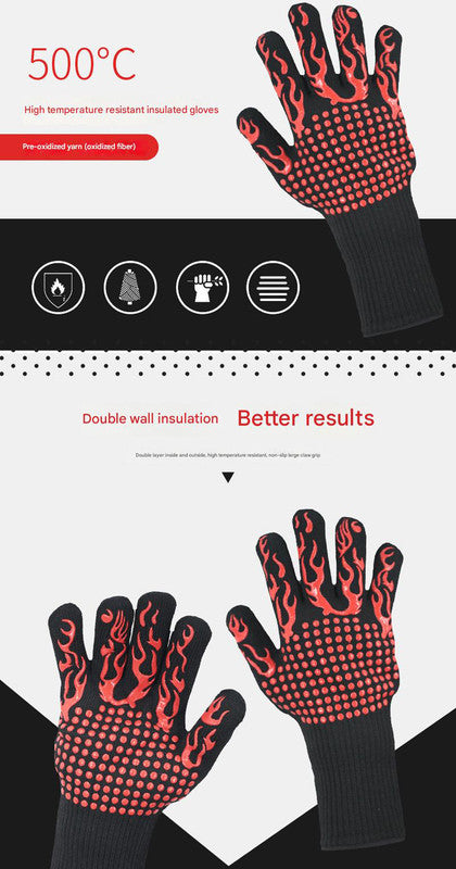 Blue Flame Pattern Extreme Heat Resistant BBQ Gloves - 500°C Flame Design Oven Gloves with Non-Slip Silicone Grip