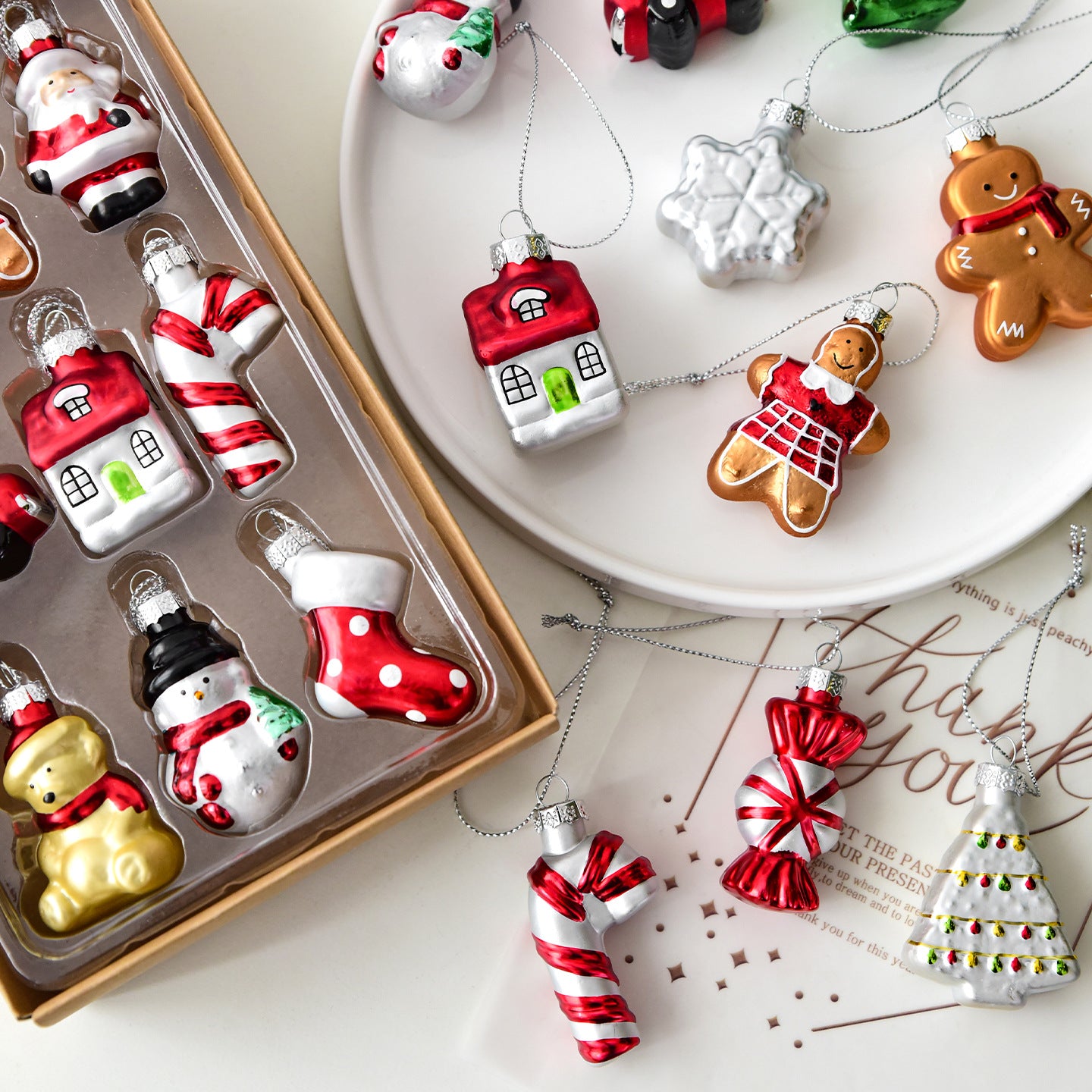 Style C Colorful Dainty Miniature Glass Christmas Ornament Set - 6pc Micro Holiday Characters