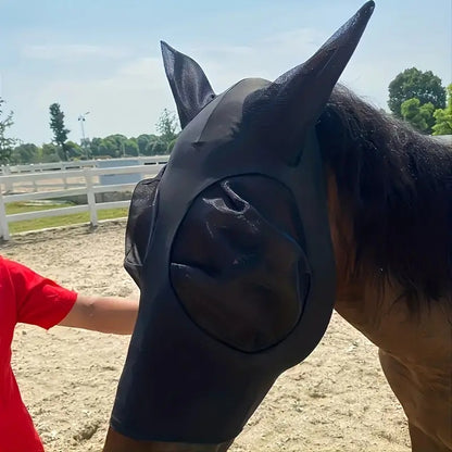 Black 2-PCS Breathable Horse Fly Mask Set - Equestrian Fly Veils with Ears for Insect Control and Comfort
