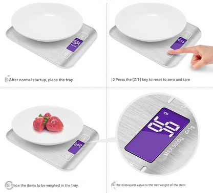Silver Ultra-Slim Rechargeable Digital Kitchen Scale - Stainless Steel Food & Baking Scale with LCD Display (5kg/1g)
