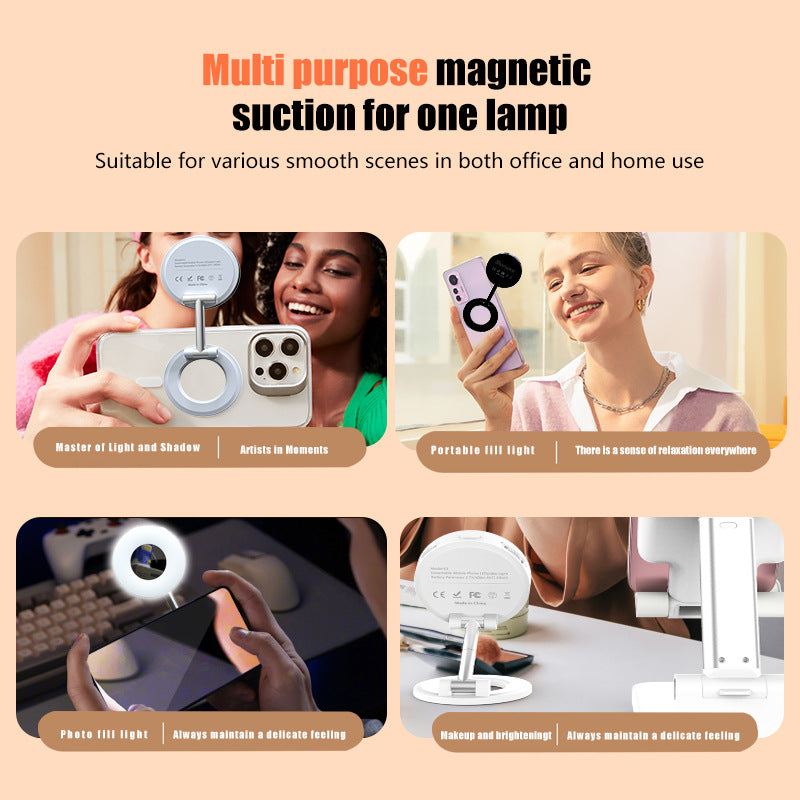 Black Magnetic Phone Light & Stand - Rechargeable, Tri-Color, Portable