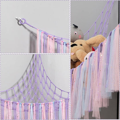 Pink Corner Plush Toy Organizer (100x100x150cm)  with Ribbon Accent & Installation Kit -  Handwoven Cotton Mesh Toy Storage Hammock