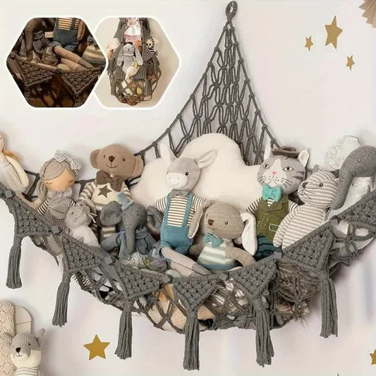 Grey Triangle Woven Plush Toy Corner Organizer (105x105x145cm)  with octagonal beads and installation kit - Hand-woven cotton mesh toy storage hammock