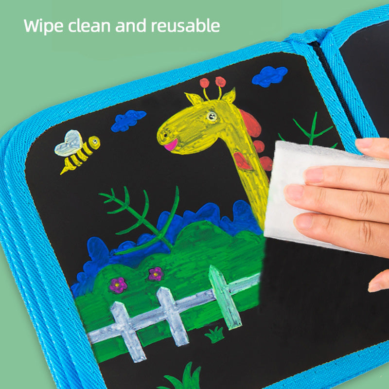 Green dinosaur Portable Reusable Drawing Board for Kids - erasable Doodle Book with Water Chalk Pens - Toddler Travel Activity Toy