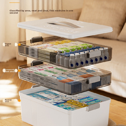 Grayish-white Large 3 Layer Medicine Storage Box Portable First Aid Kit Organiser with Handle Multi Compartment Container for Family Home Use