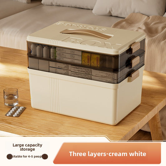 Cream white Large 3 Layer Medicine Storage Box Portable First Aid Kit Organiser with Handle Multi Compartment Container for Family Home Use