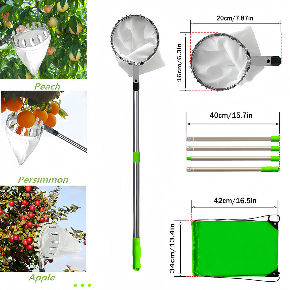 Green Telescopic Fruit Picker Tool with Stainless Steel Extension Pole Carbon Steel Head and Large Bag for Apples Peaches Oranges Australian Home Orchards(1.6m)