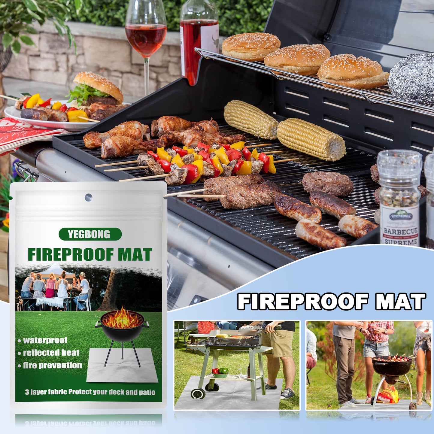 100x100 CM Outdoor Fire Pit Mat and Grill Pad - Up to 500°C Resistant Square Deck Protector for Barbecues, Fire Pits & Smokers