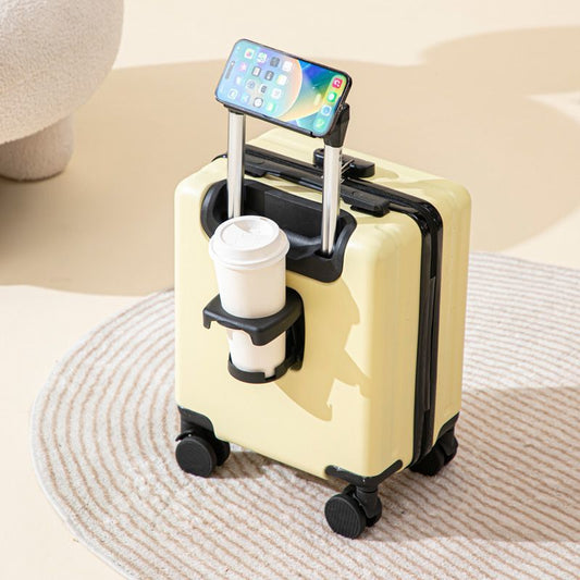 Yellow 16 Inch Lightweight Carry-on Luggage for heights over 1.6m - Underseat & Overhead Cabin Hardside Suitcase with Cup Holder & Phone Stand