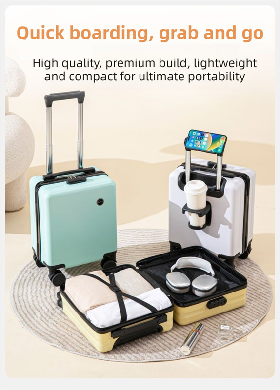 Yellow 16 Inch Lightweight Carry-on Luggage for heights over 1.6m - Underseat & Overhead Cabin Hardside Suitcase with Cup Holder & Phone Stand