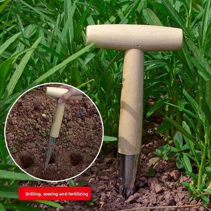 2 Pack Gardening Dibber with T-Shaped Wooden Handle Chrome Tip Seed Sower and Transplanting Tool with Measurement Scale for Local Garden Maintenance