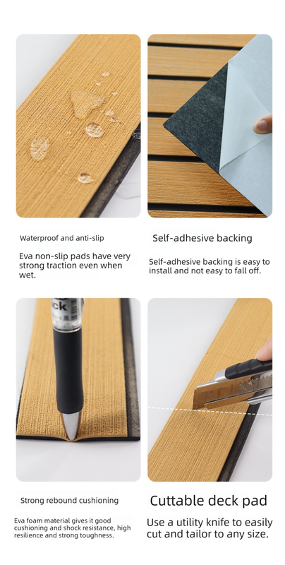 EVA Faux Teak Boat Flooring Border Trim Self Adhesive Marine Decking Strip Non Slip Foam Sheet for Yacht Caravan RV (Gold & Black, 240cm x 5.7cm)