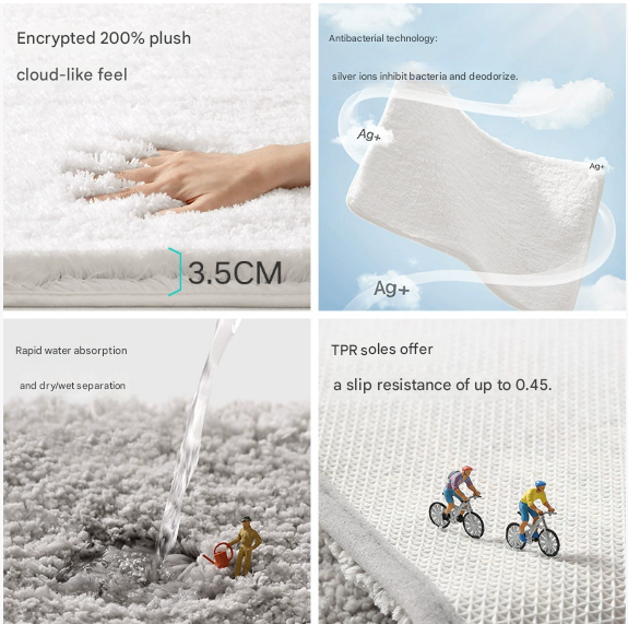 Khaki 60*90cm Luxury 3.5cm Shag Bath Mat | Silver Ion Antibacterial Technology | Quick Dry Non-Slip TPR Bathroom Rug