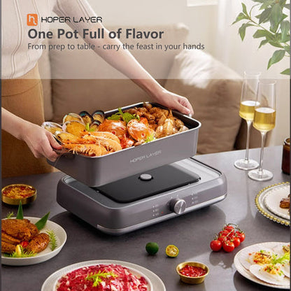 HOPER LAYER Electric Hot Pot 6L – Multifunctional Nonstick Cooker with Grill, Boil, Simmer & Fry Modes 2000W Power, Square Removable Pot
