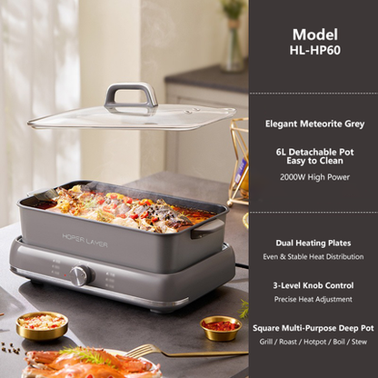 HOPER LAYER Electric Hot Pot 6L – Multifunctional Nonstick Cooker with Grill, Boil, Simmer & Fry Modes 2000W Power, Square Removable Pot